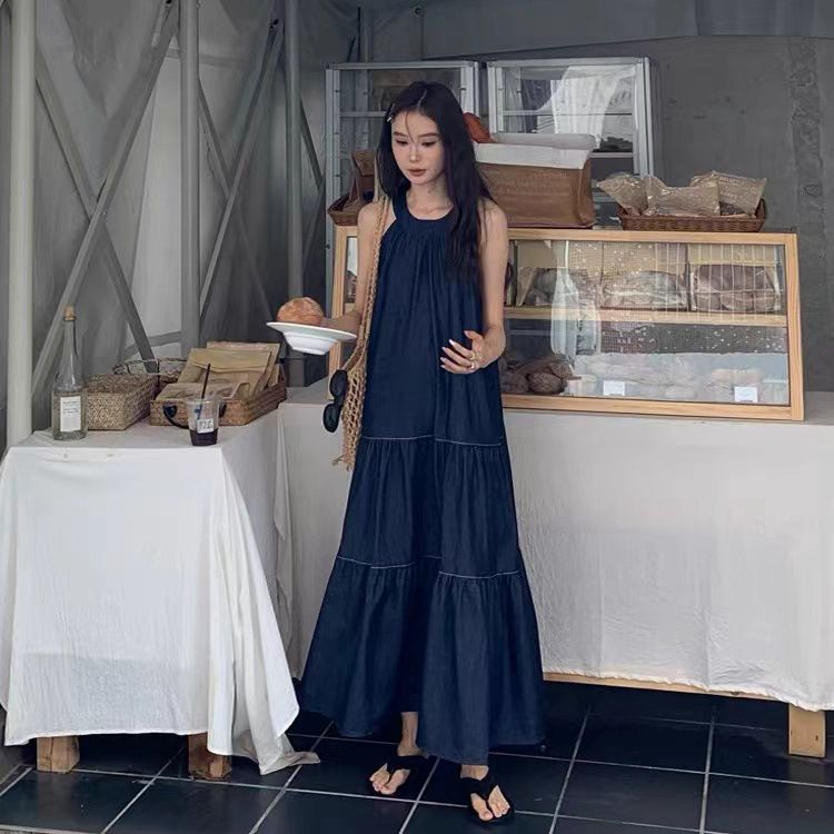 Strap French Style Hanging Neck Denim Dress Women's Design Sense In Summer, Small And Loose, Slimming A-Line Long Skirt_voghion.com