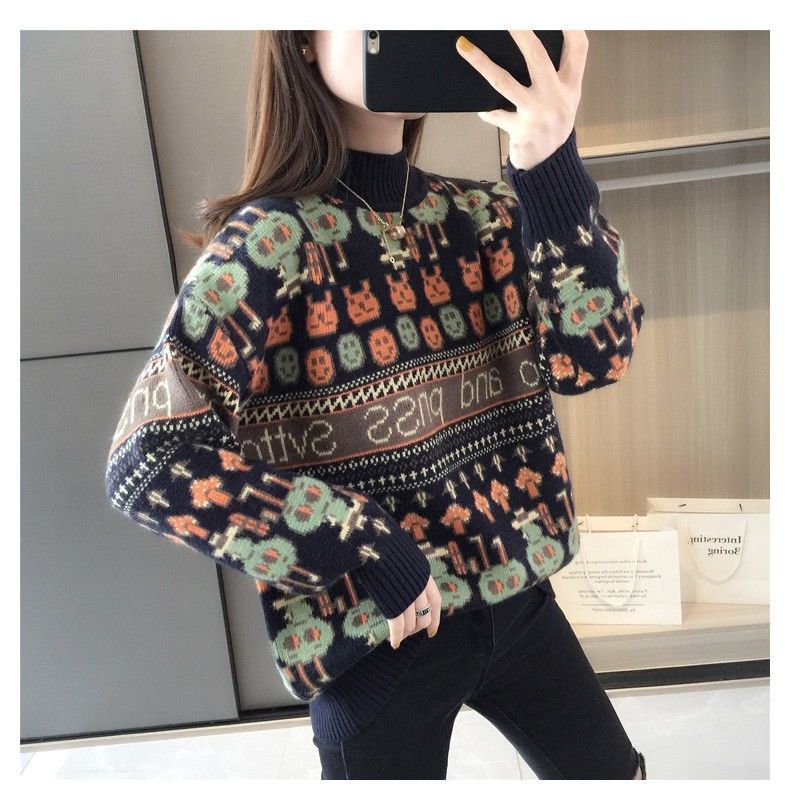 【 Cashmere Family 】 Halbhoher, kurzer, lockerer und dicker Jacquard-Strickpullover für Damen mit Wollunterseite, Innenschicht_voghion.com