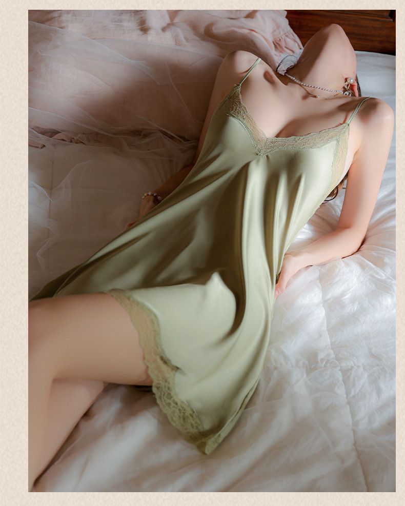 Chemise de nuit en satin pour femmes, nuisette en dentelle, nuisette à bretelles, nuisettes en soie pour dames, col en V, vêtements de nuit_voghion.com