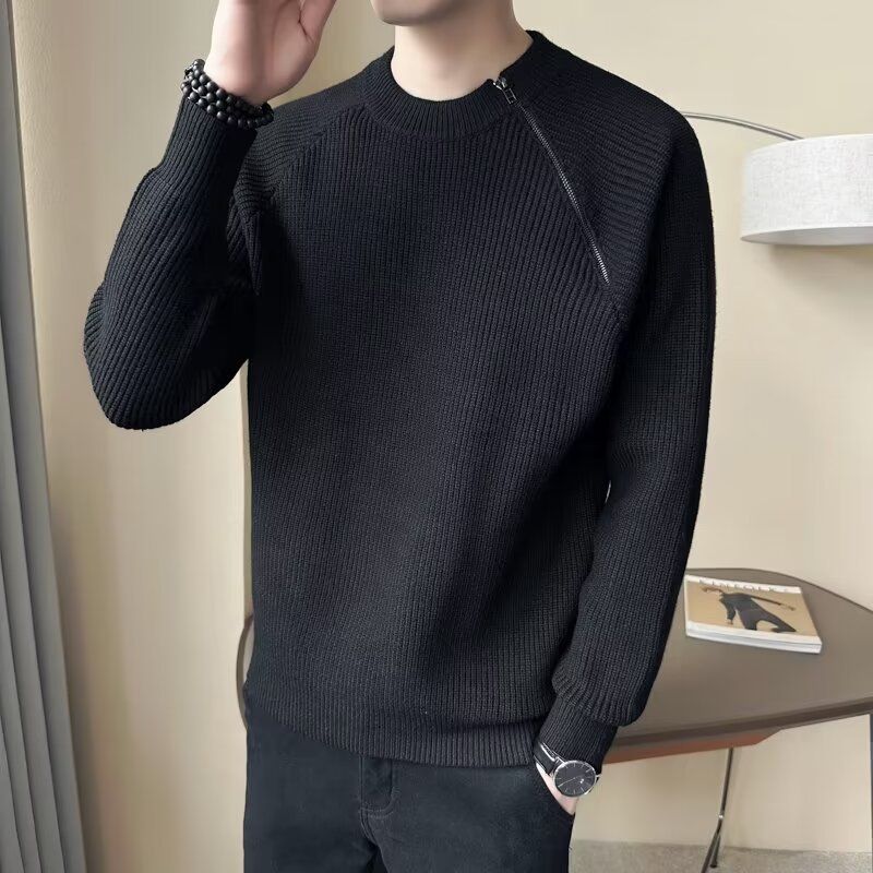 Mode-Strickpullover für Herren mit Rundhalsausschnitt, schrägem Reißverschluss und lässigem Schnitt – Stilvoller Pullover mit lockerer Passform für die Herbst-Winter-Garderobe (Weiß, Grau, Schwarz)_voghion.com