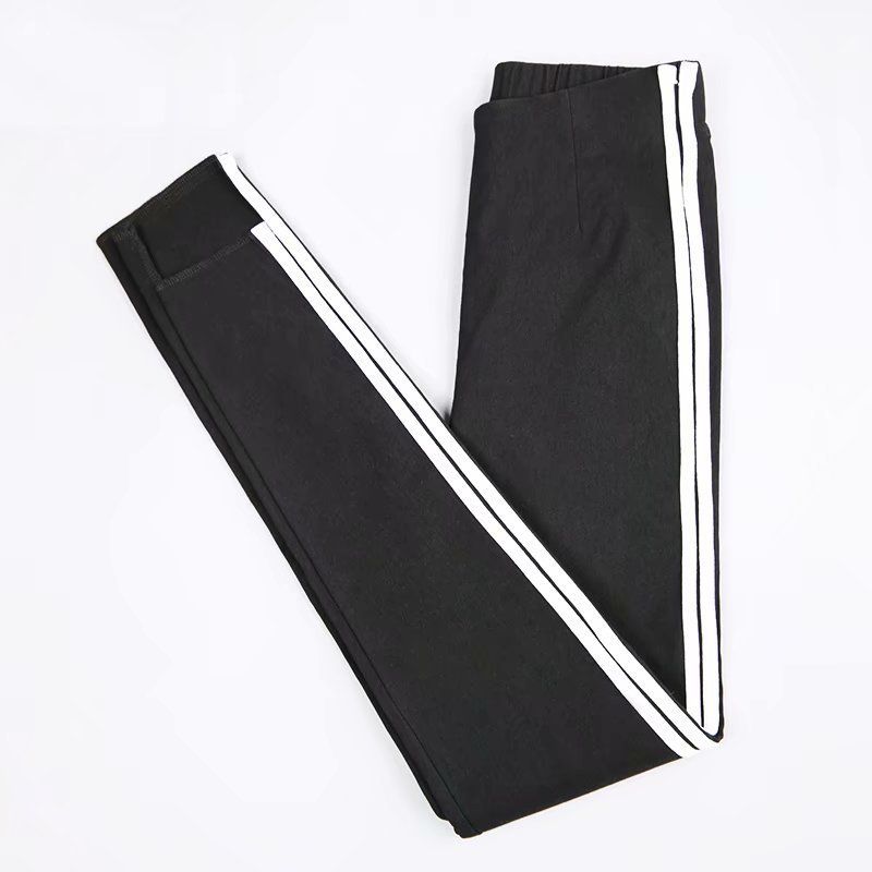 Pantalons pour femmes avec petites jambes, leggings slim à rayures latérales à neuf points_voghion.com