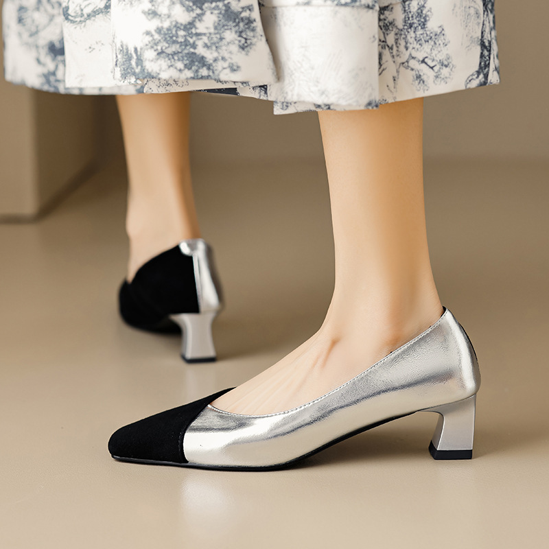French gold square head small fragrant wind light mouth single with matching color temperament thick commuter sier shoes_voghion.com