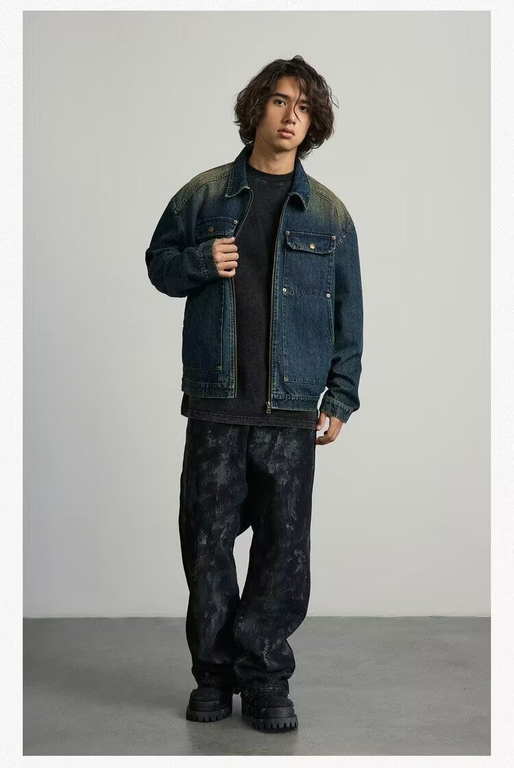 Giacca casual da uomo in denim con cerniera, ampia tasca e colletto rovesciato, tinta unita, primavera e autunno 2025_voghion.com