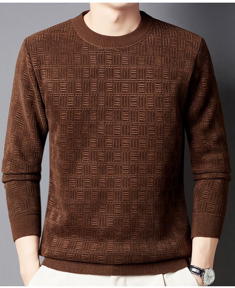 Men's Clothing Plus Velvet Sweater Men's Thickened Jacquard Plaid One piece Velvet Warm Top Solid Color Round Neck Bottoming Sweater_voghion.com