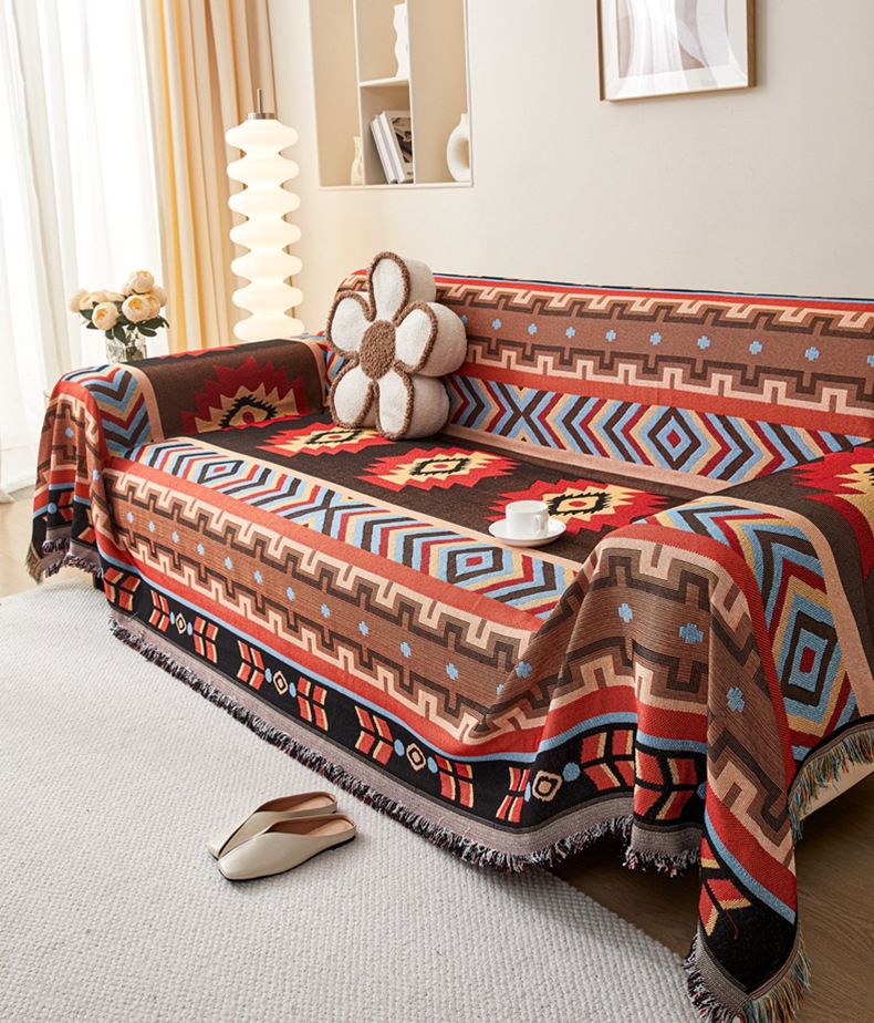 American Style Ethnic Floral Sofa Cover Throw Blanket - Thick Cotton Polyester Fabric For 3-Seater Couch - Geometric Patterns In Multiple Sizes_voghion.com