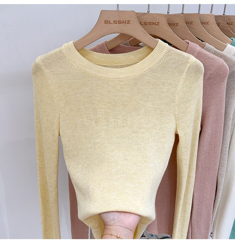 Green Long Sleeve Knitted T-Shirt For Women Summer 2024 New Simple Versatile Regular Shoulder Base Shirt Thin Style_voghion.com