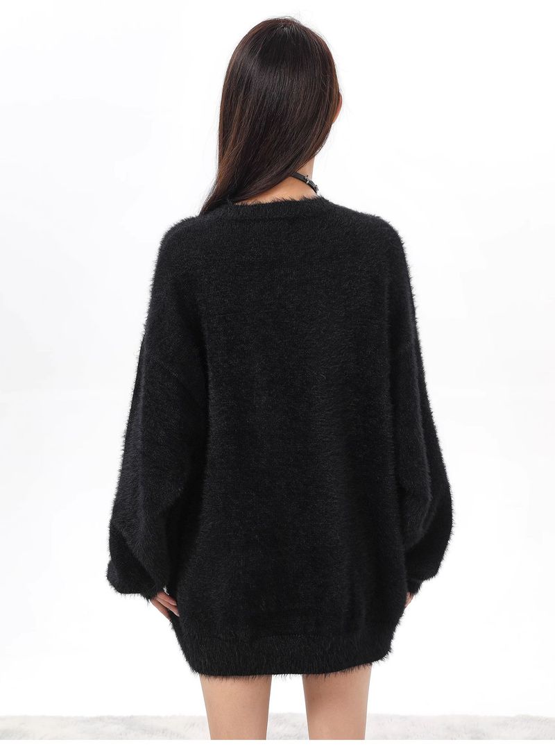 Suéter de terciopelo de visón con lunares negros para mujer, suave y holgado, de mohair, de longitud media, para otoño e invierno._voghion.com
