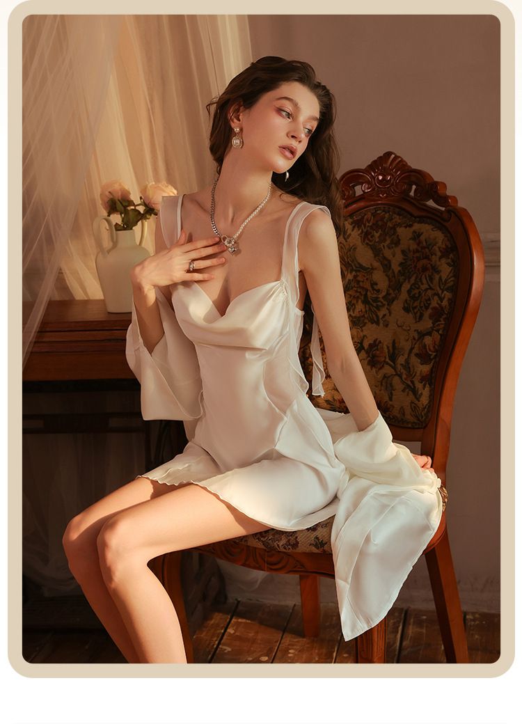 Women's Sleepwears Nightdress Swing Collar Hollow Pure Desire Backless Pajamas Ribbon Deep V Home Clothes Nightdress Women_voghion.com