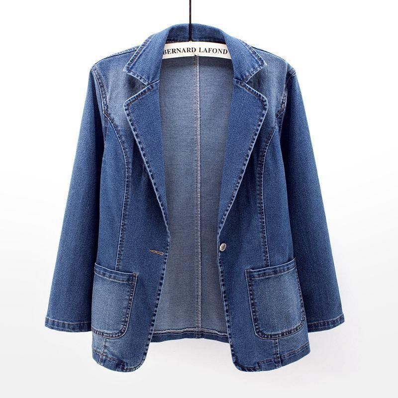 Women's Slim Fit Denim Blazer Jacket With Notched Lapel Single Button Open Front Casual Spring Autumn Coat_voghion.com