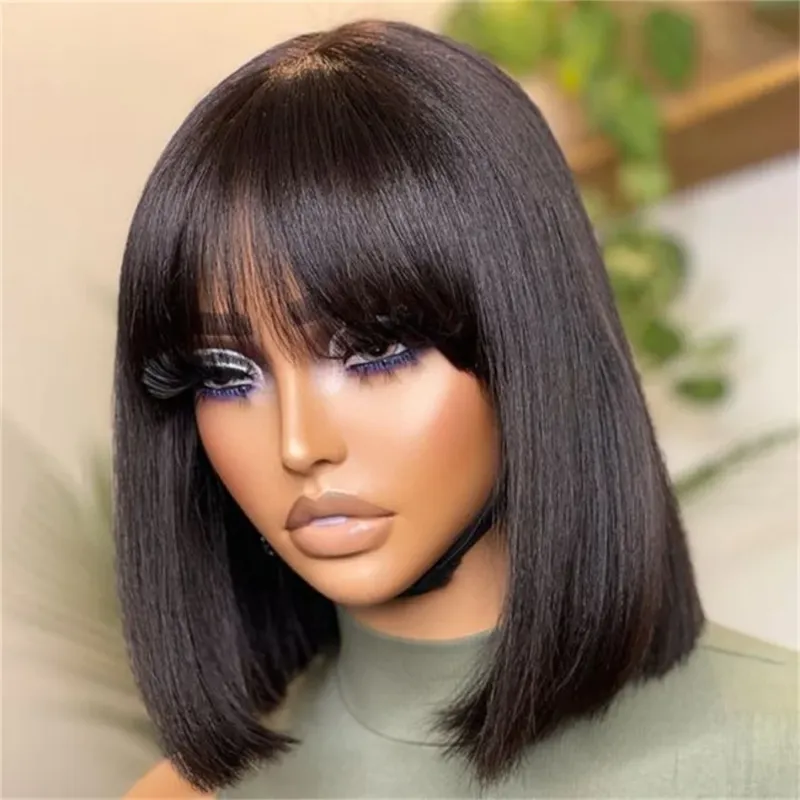 Brazilian Human Hair Wig with Bangs Remy Straight Hair Bob Wigs Full Machine Made Wig for Women 8-14 Inches Glueless Bob Wigs_voghion.com