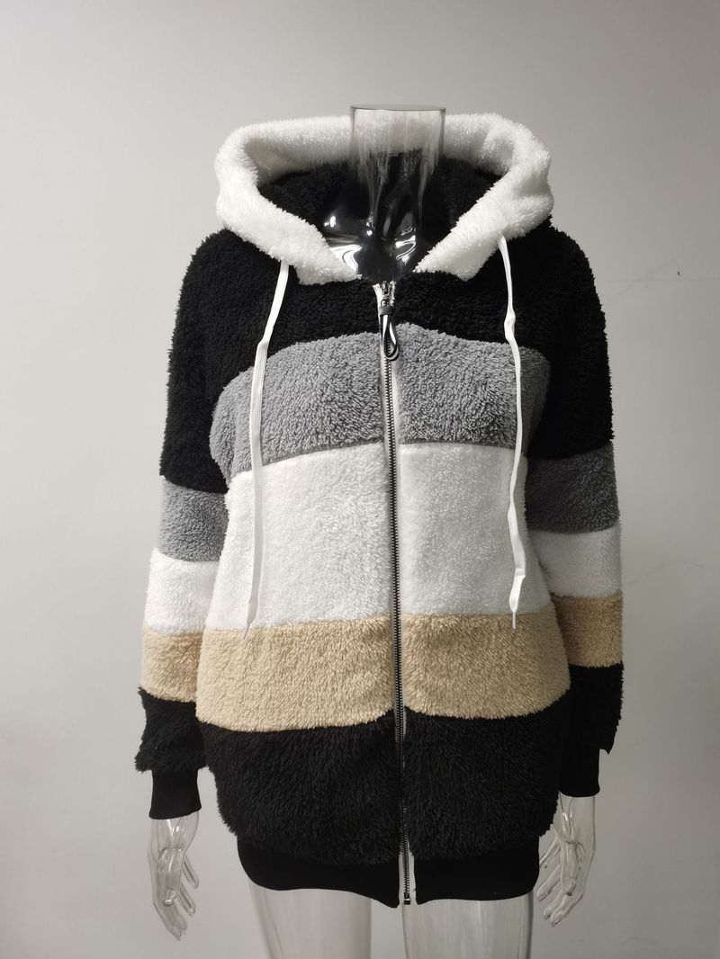 2025 Autumn Winter Warm Plush Patchwork Zipper Pocket Hooded Loose Coat For Women_voghion.com