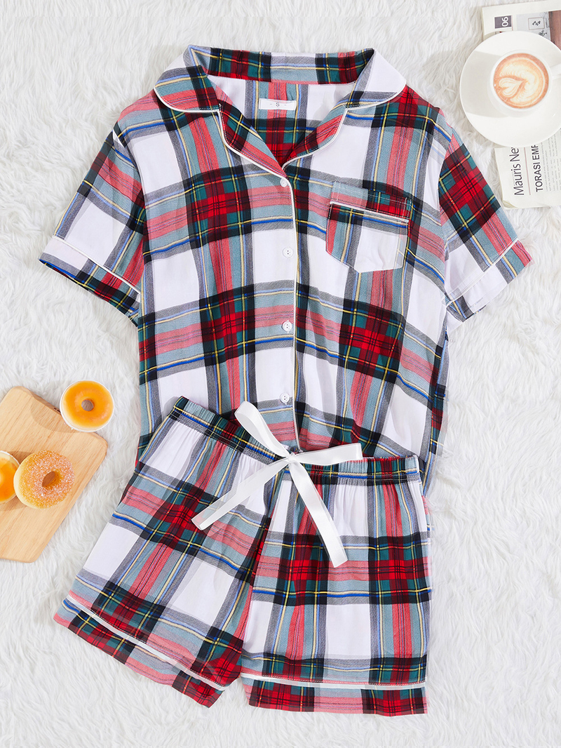 Dameskleding pyjama's voor dames vest met korte mouwen en geruite huiskledingset_voghion.com