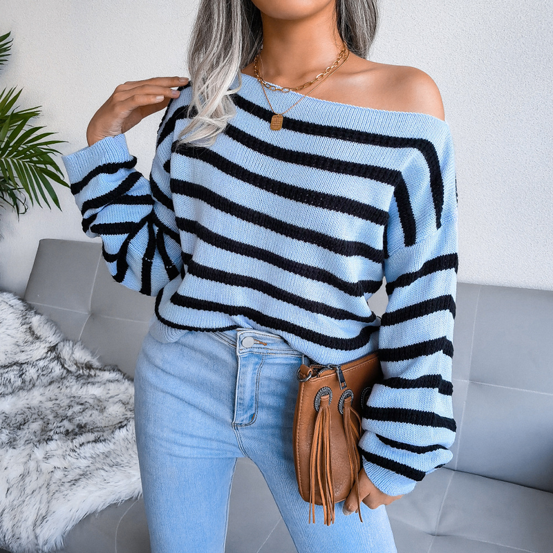 Autumn And Winter Off-Shoulder Casual Loose Striped Knitted Sweater Women's Fashion_voghion.com