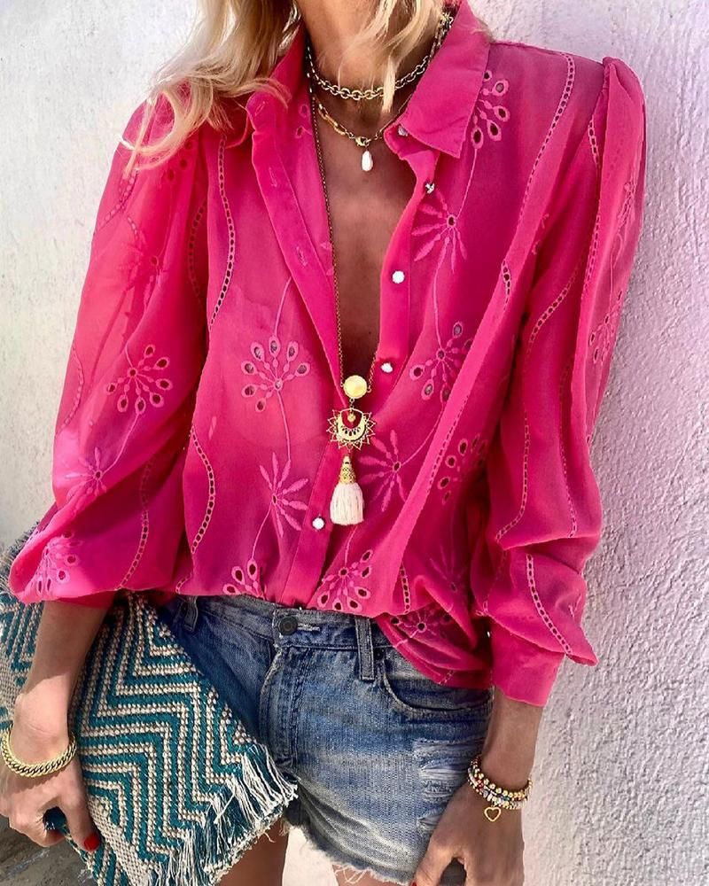 Damen-Langarm-Revershemd mit hohlem Muster in Rosenrot_voghion.com