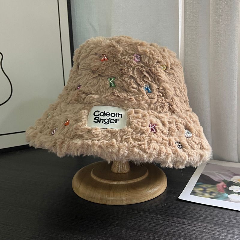 Plush Handmade Letter Diamond Fisherman Hat For Women Autumn And Winter All Match Warm And Cold Proof Fashionable Bucket Basin Hat_voghion.com