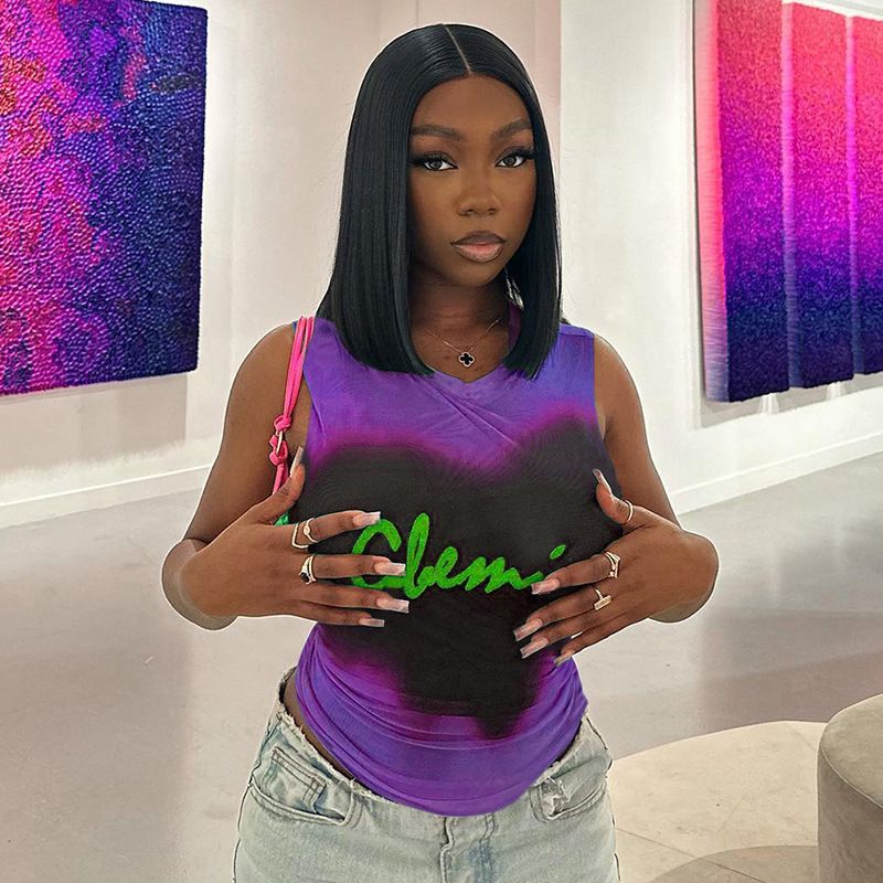 Q23TP185 Maglietta senza maniche con stampa tie-dye, a maniche corte, da donna, estate 2025, nuova moda_voghion.com