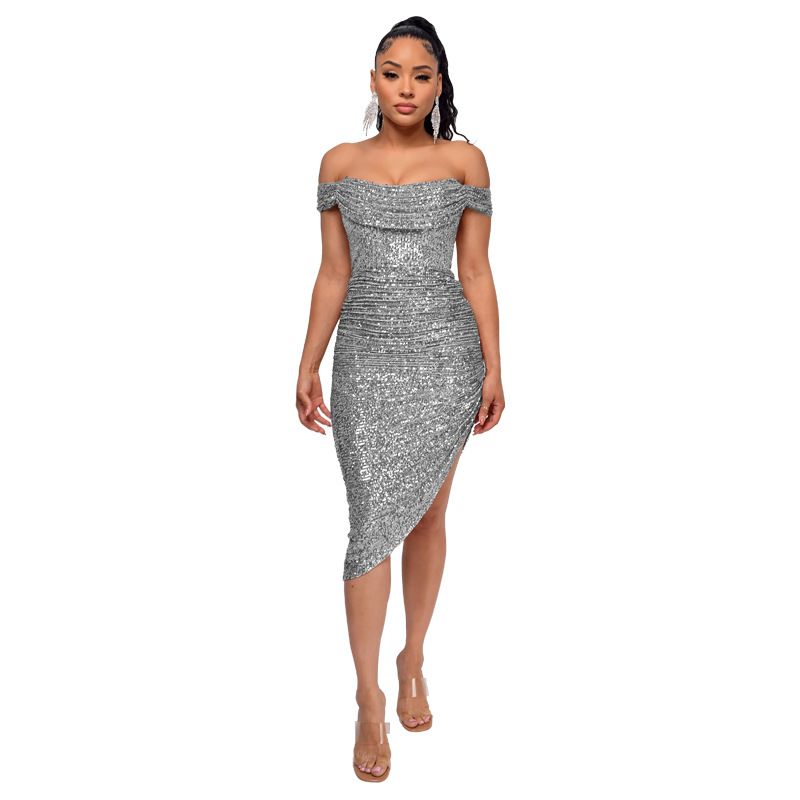 Verve Women's Summer Sequin Side Slit Gown French Off-Shoulder Bodycon Dress_voghion.com