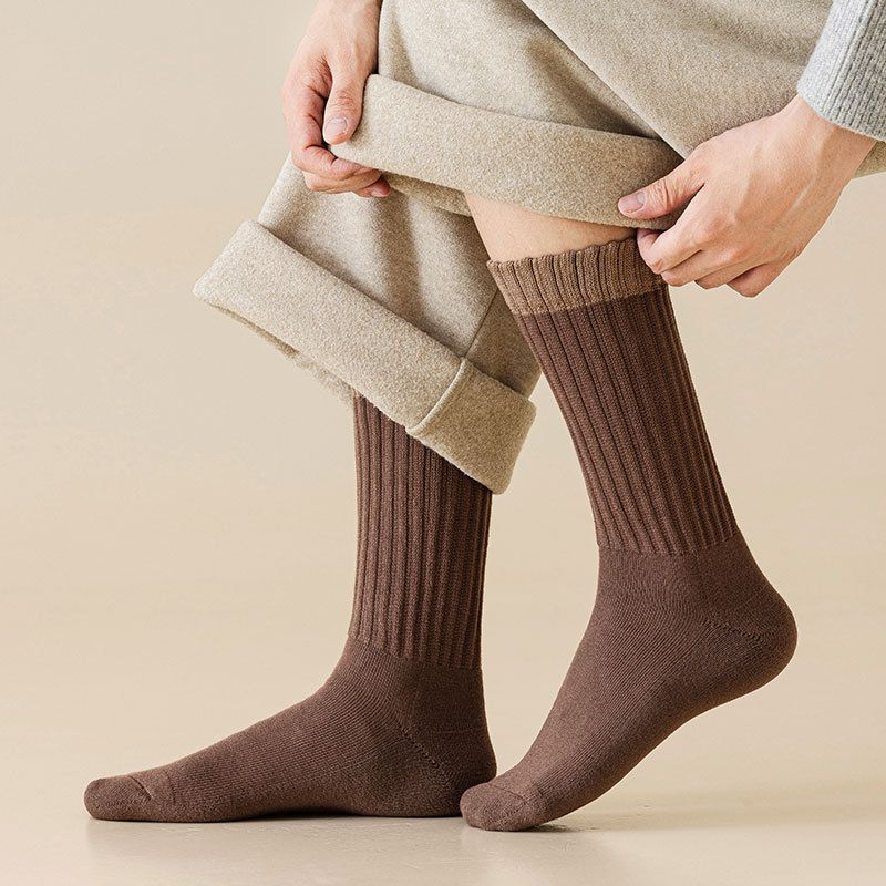 Nouvelles chaussettes d'automne et d'hiver pour hommes, chaussettes décontractées de couleur unie pour hommes, chaussettes en éponge, fond en serviette, chaussettes mi-tubes épaisses et polyvalentes_voghion.com