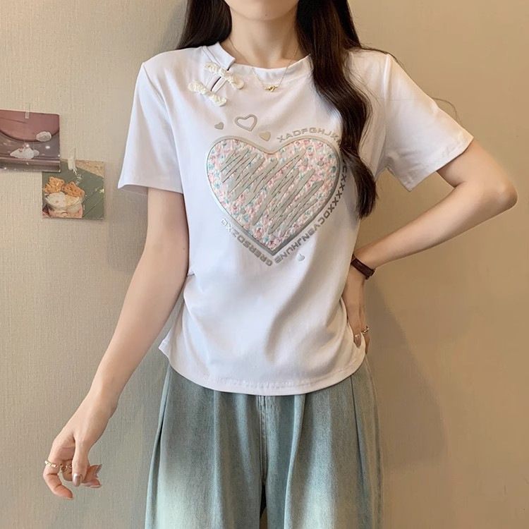 Maglietta a maniche corte stampata in stile cinese con fibbia a piastra per donna 2024 nuova maglietta interna bianca estiva, top snellente_voghion.com