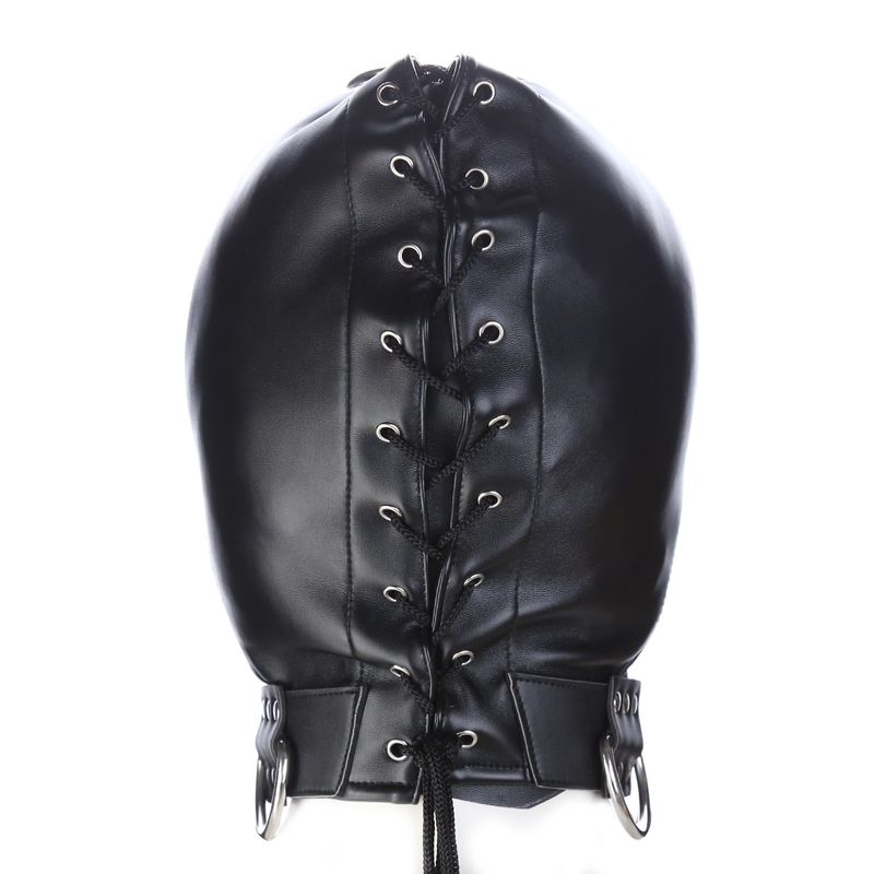 BDSM Zipper Mouth Hood With Eye Openings - Adjustable Leather Face Mask For Adult Role Play & Fetish (Black)_voghion.com