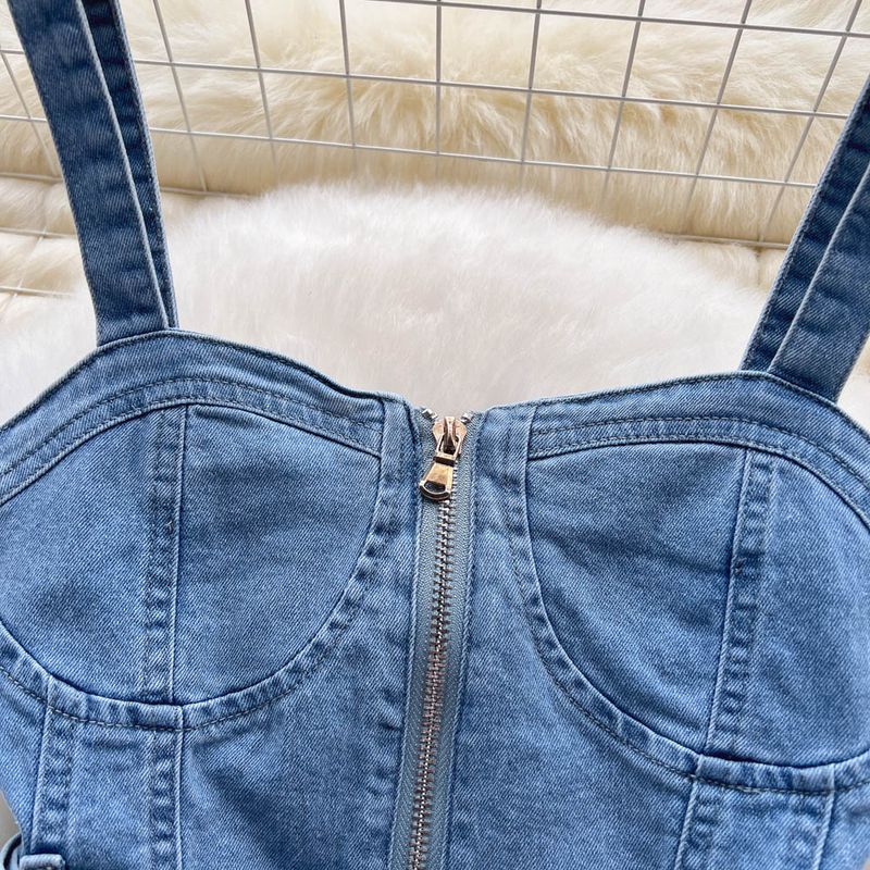 Women's Clothing Denim suspenders zipper waist vest short outer wear hot girl top summer two-piece suit high waist wide leg shorts_voghion.com