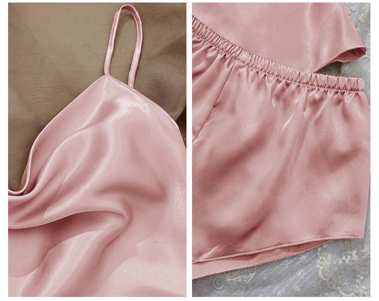 Women's clothing solid color ice silk pajamas for women, thin home suspender shorts set, sexy and light two-piece home wear set_voghion.com