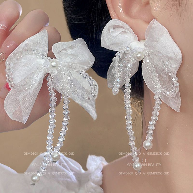 Unisex Super Fairy Weiß Chiffon Romantische Kristallschleife Perlenquastenohrringe Nischendesign High-End-Temperamentohrringe_voghion.com
