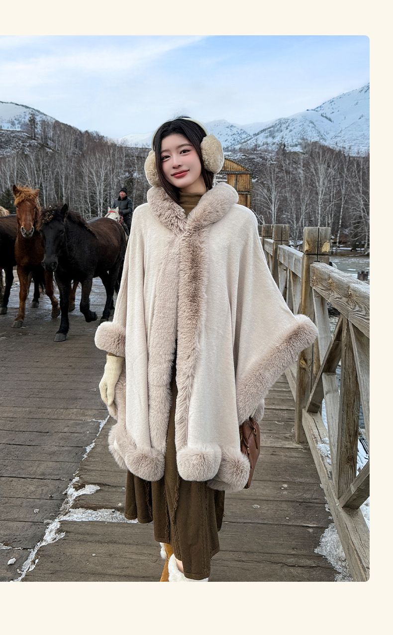 Mantella lunga con cappuccio da donna e finiture in pelliccia sintetica - Elegante cappotto invernale per moda e calore_voghion.com