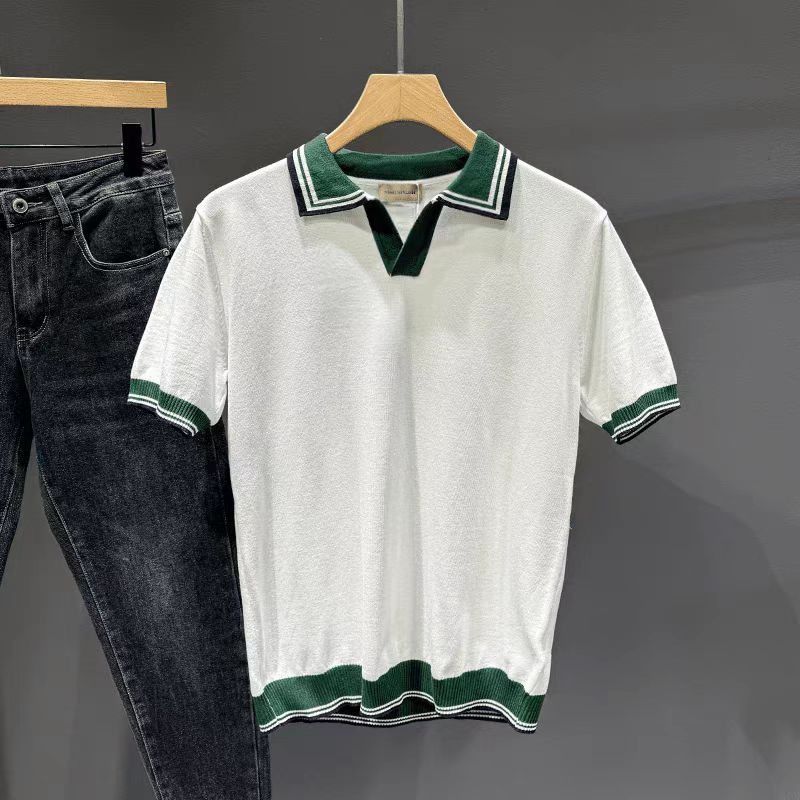 Herrenbekleidung Gestricktes Poloshirt mit V-Ausschnitt, farblich abgestimmt, leicht, reif, Retro, Sommer, kurzärmelig, hübsch, lässig, Herren-T-Shirt, neue Oberteile_voghion.com