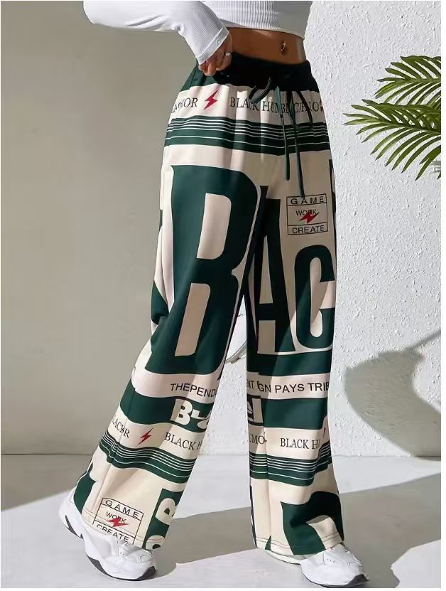 NOKOMETA Women's Fashion Street Casual Pants Letter Printed, Colored Strips, Elastic Drawstring Waist Straight Pants_voghion.com