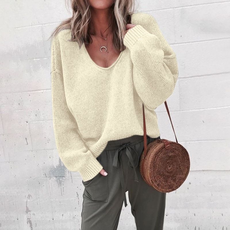 Pull à manches longues et col en v pour femme, pull décontracté à la mode, robe pour femme, automne et hiver_voghion.com
