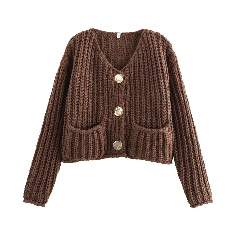 Women’s Chunky Knit Cardigan – Oversized V-Neck Button-Up Sweater (Red, Ivory, Navy, Army Green, Coffee, Black)_voghion.com