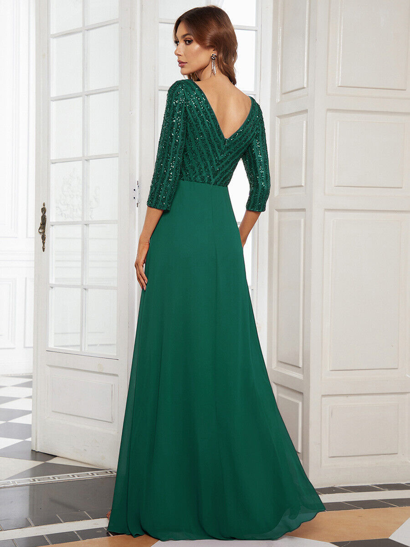 Women's chiffon double V-neck long skirt A-line large hem sequined stitching evening dress_voghion.com