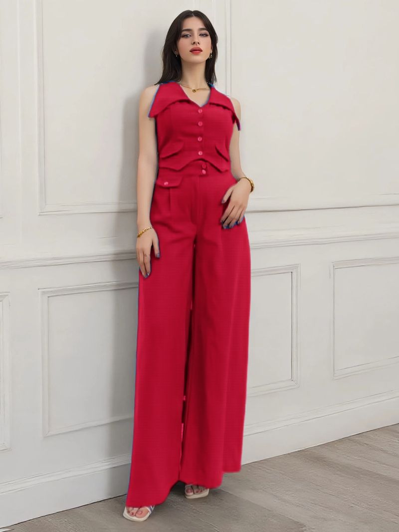 2025 Summer New Women's Solid Color Sleeveless Top Waist-Cinching Two-Piece Casual Long Pants Set_voghion.com