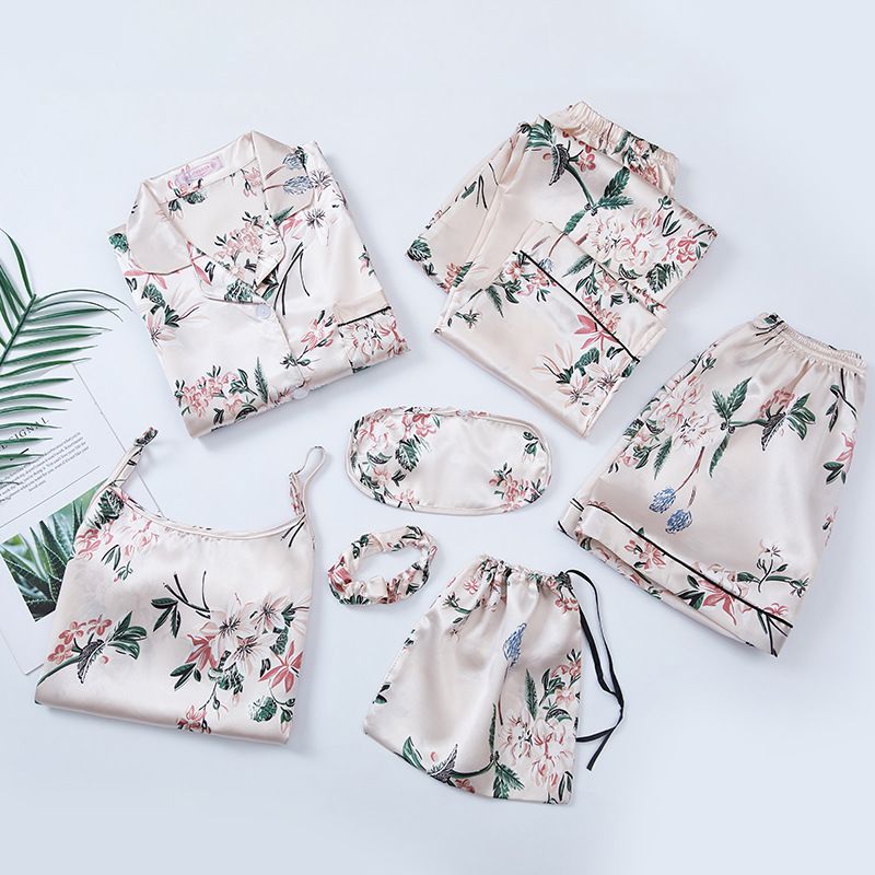 Women's Sleepwears Spring And Autumn Summer Solid Color Simulation Ice Silk Seven Piece Suit Pajamas Ladies Casual Sweet Sling Chest Pad Home Clothes_voghion.com