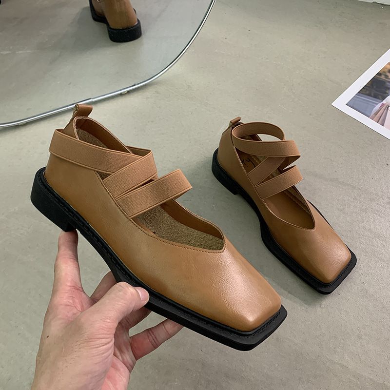 Scarpe singole da donna allacciatura stile testa quadrata bassa Mary casual morbida parte superiore tacco medio danza classica_voghion.com