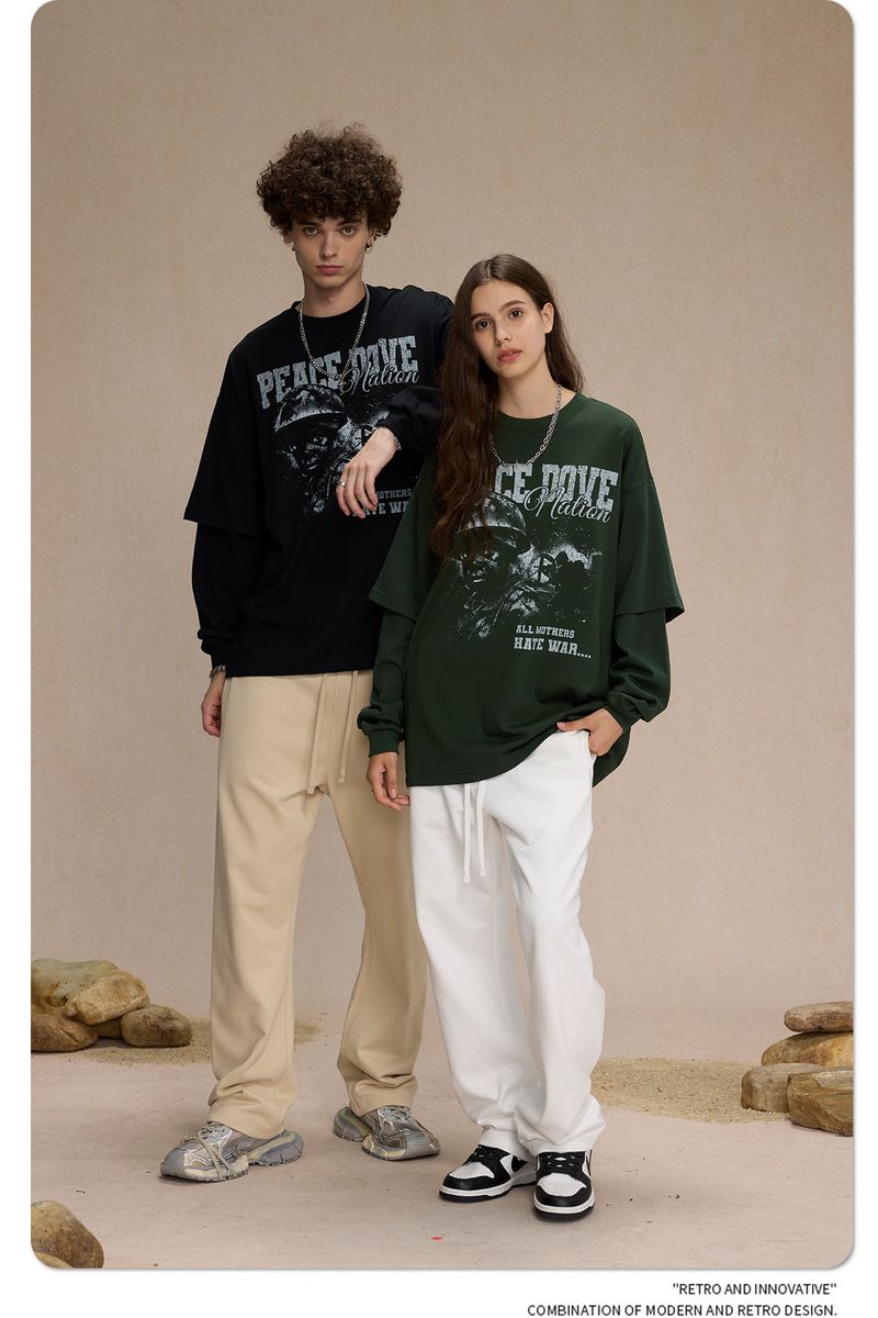 autunno oversize 2024 stampa 305g T-shirt a maniche unite pseudo due pezzi per la moda di strada girocollo americano da uomo_voghion.com