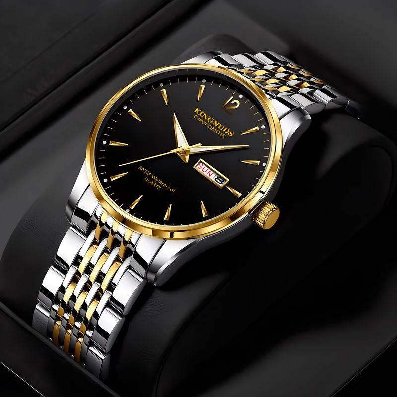 High-End-Mode Herren Gold Doppelkalender Stahlband wasserdichte Uhr_voghion.com