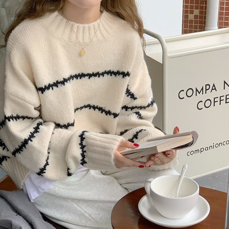 Women Warm Thick Stiped Sweater Pullover Autumn Winter Long Sleeve loose Lazy Half Turtleneck Outwear Female Casual_voghion.com
