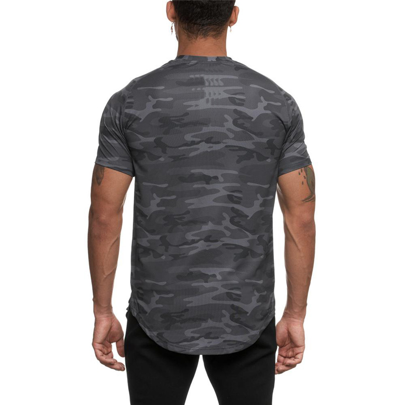 Mallas deportivas, traje de fitness de manga corta para hombre, de secado rápido y transpirable, top de camuflaje para entrenamiento de carrera, verano_voghion.com