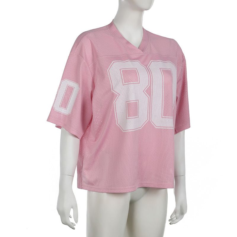 Abbigliamento da donna, stile street style, stile hottie, maglietta oversize con stampa di lettere, maniche corte, scollo a V, ampia e sottile, basic_voghion.com