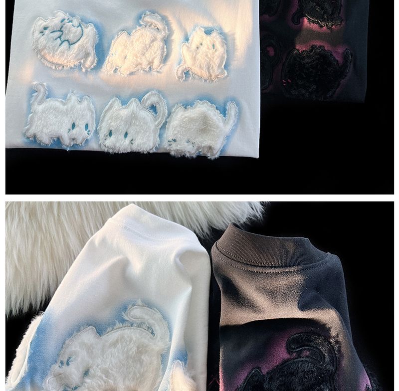 Dammekleeder léift geflockt Hues Kuerzärm T-Shirt fir Fraen, reng Kotteng, lockert Design, Nische Vintage Schëllertop_voghion.com