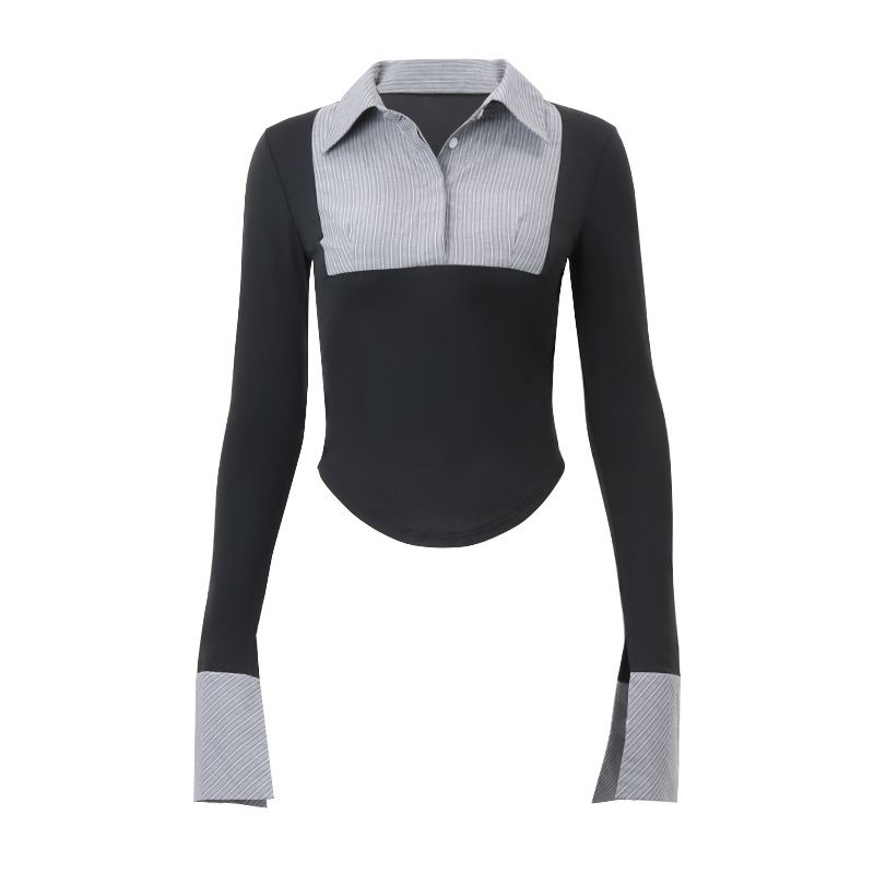 Women's Fashion Color Block Striped Polo Collar Long Sleeve Top – Retro Chic Slim Fit Blouse For Stylish Outfits_voghion.com