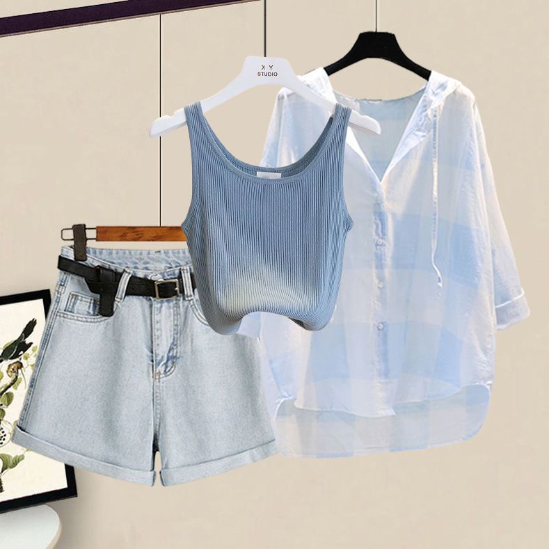 Damenbekleidung Sommer Plus Size Outfit Sonnenschutz Hemd Weste Slim Denim Shorts Dreiteiliges Set_voghion.com