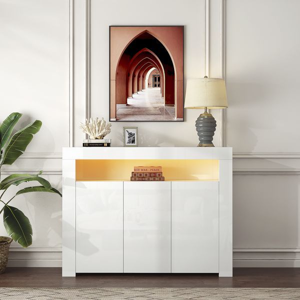 Living Room Sideboard Storage Cabinet Black High Gloss With LED Light, Modern Kitchen Unit Cupboard Buffet Wooden Storage Display Cabinet TV Stand W_voghion.com