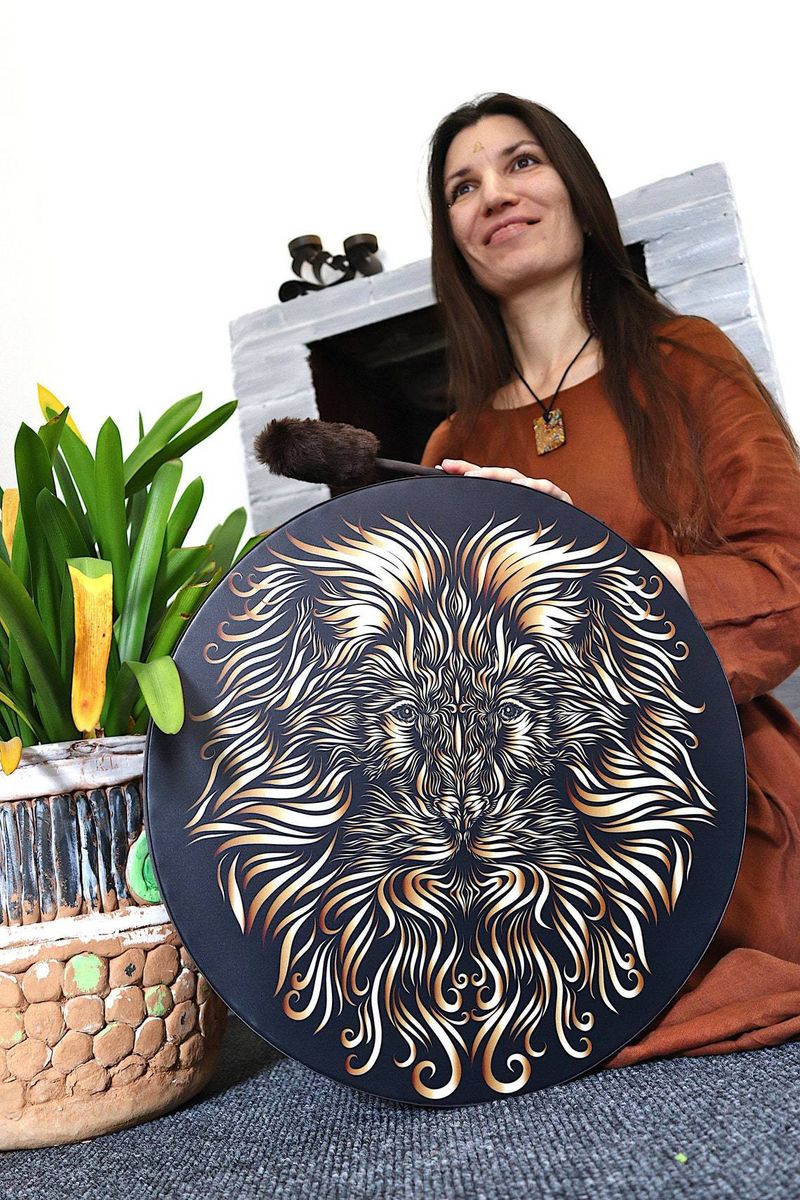 FIRLAR Shaman Drum 10 Inch Tree of Life Decorative Design Tambourine with Drum Stick Musical Shaman Lion_voghion.com