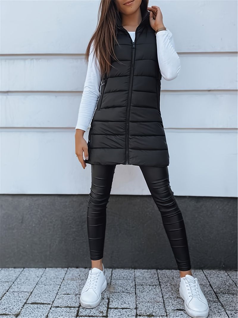 Women's Long Hooded Zip-Up Quilted Vest - Lightweight Polyester Puffer Jacket For Winter, Casual & Elegant Style_voghion.com