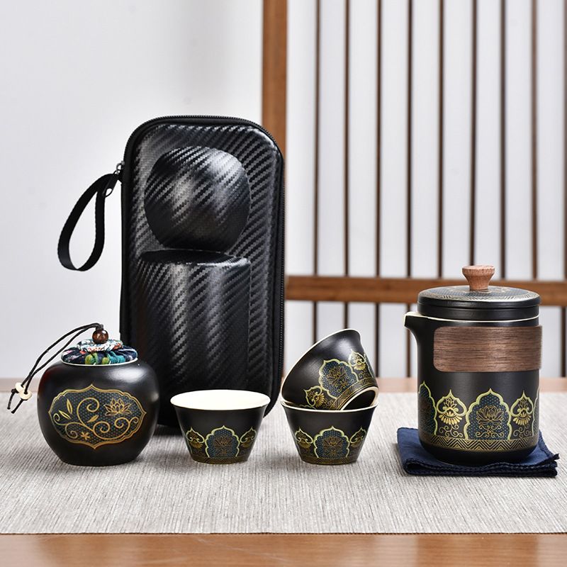 Portable Quick With One Pot And Four Cups, Travel Tea Set, High-end Leather Bag, Business Company Event Gift Set_voghion.com