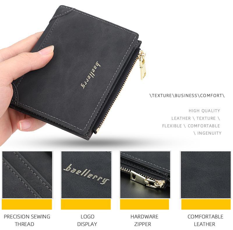 Carteira Baellerry Masculina Curta com Zíper Carteira Vertical Multicartões Elegante Moeda de Alta Qualidade_voghion.com