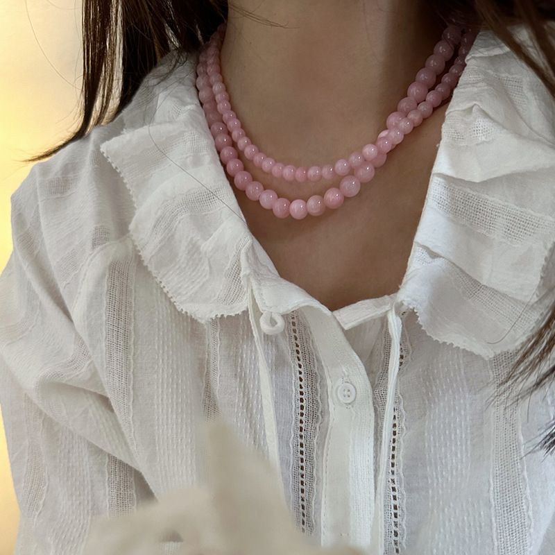 Klaar voorraad Minar Exquisite 4 6 8mm roze kleur ronde natuurlijke stenen kralen ketting voor vrouwen handgemaakte zilveren vergulde ketting streng_voghion.com